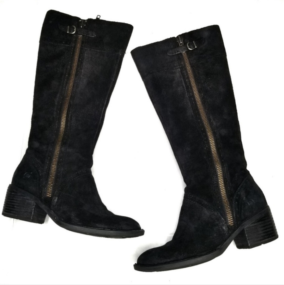 BORN Black Suede Boots, Side Zip, Extra Wide Calf, Size 10